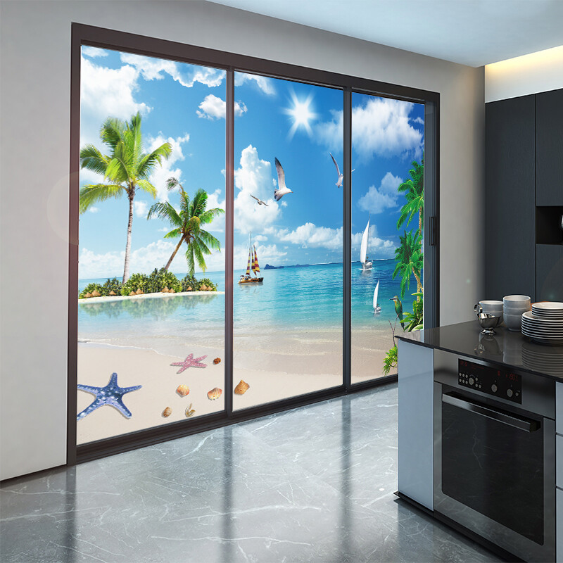Privacy Windows Film Decoration Beautiful Beach Stained Glass Stickers Decors