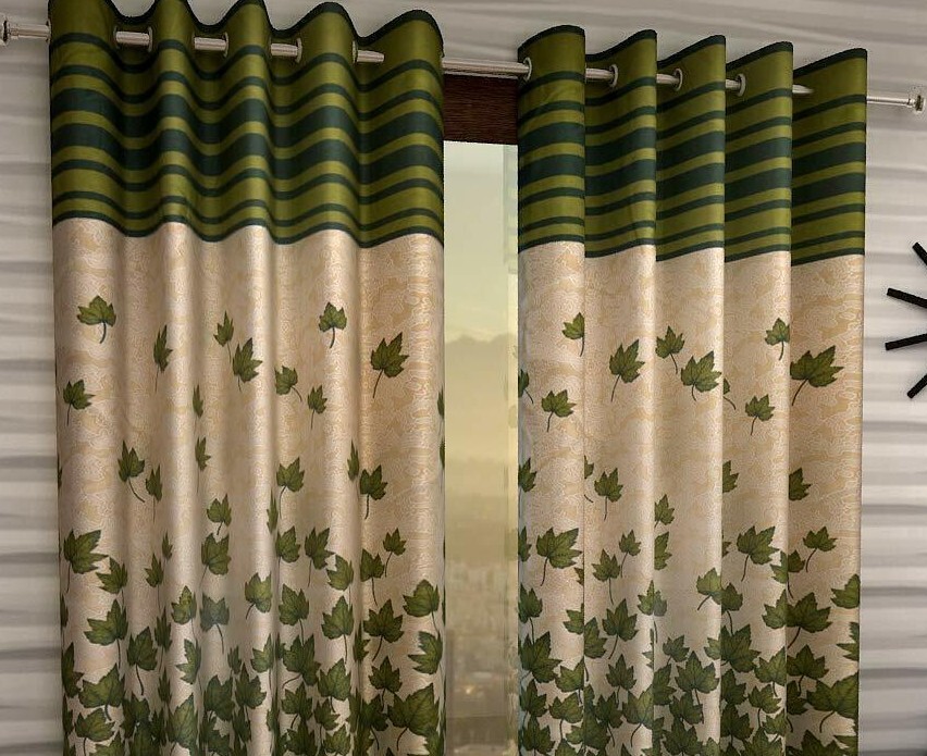 2 Piece Mapple Leaves Ringtop Grommet Door Window Curtains Set 5 7 9 Feet -Green