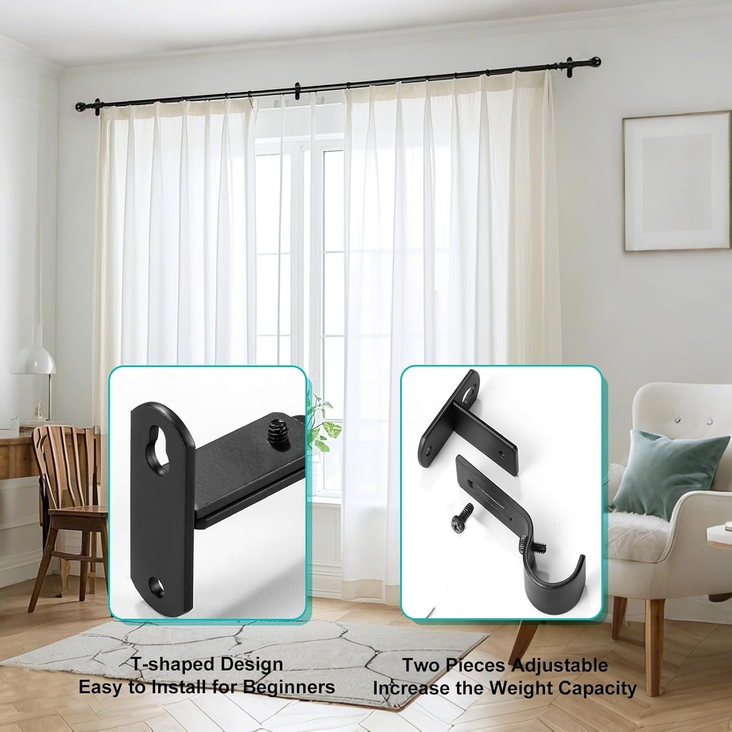 Soportes negros ajustables para cortinero de metal para pared 1 pulgada 3 Pack
