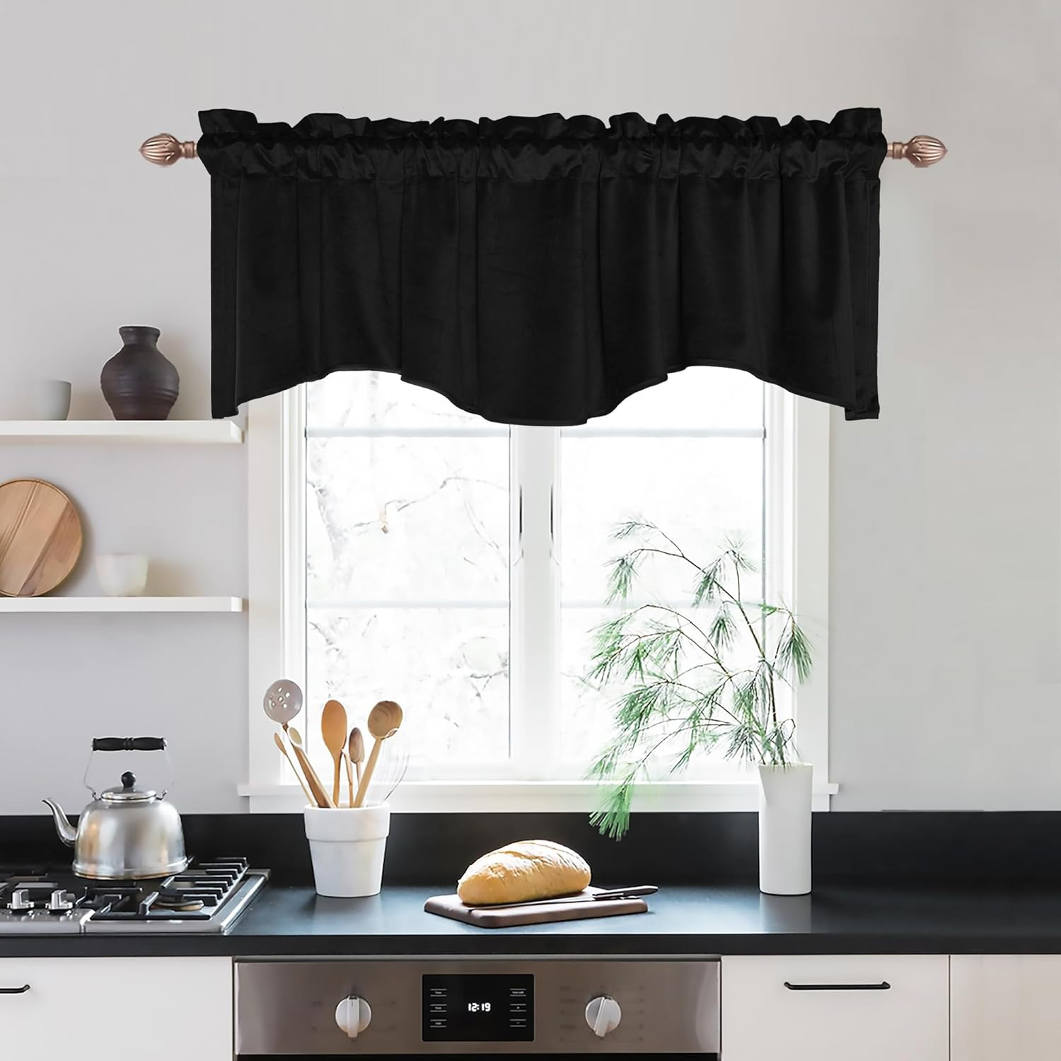 Black Valance for Windows – Kitchen, Living Room, Bedroom Curtains, Scalloped Wi