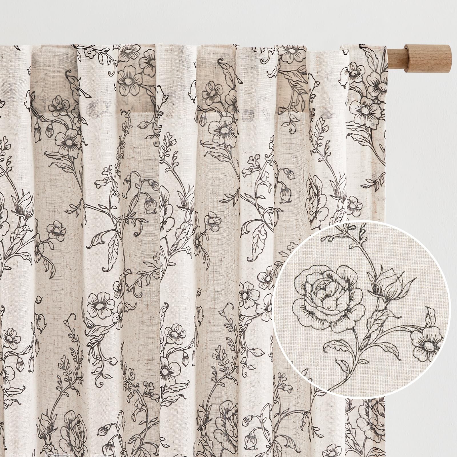 Floral Linen Curtains, Vintage French Country Curtain Drapes, Light Filtering…