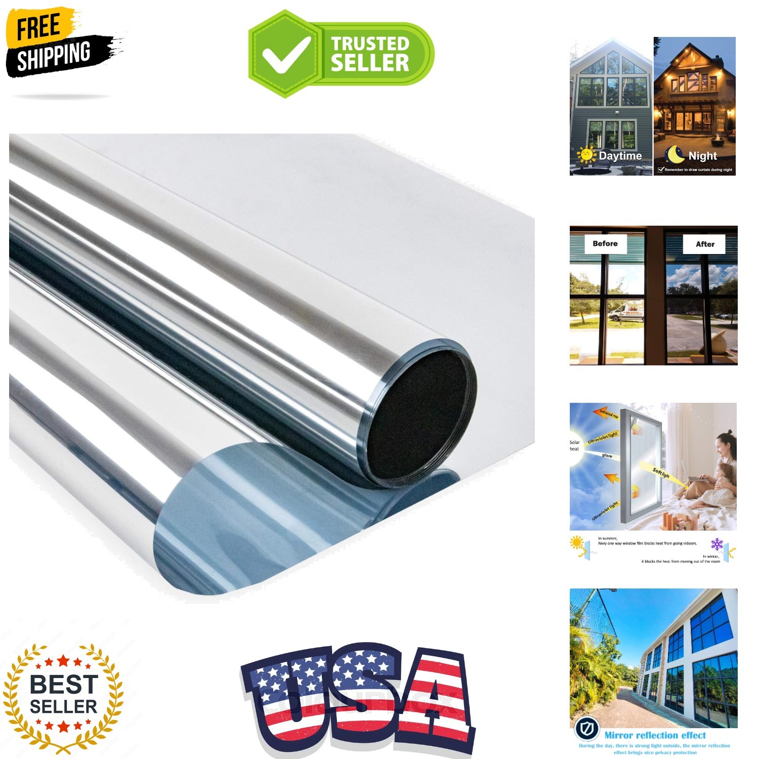 Window Privacy Film One Way See Out Not in, Daytime Mirror Effect Self Adhesi…