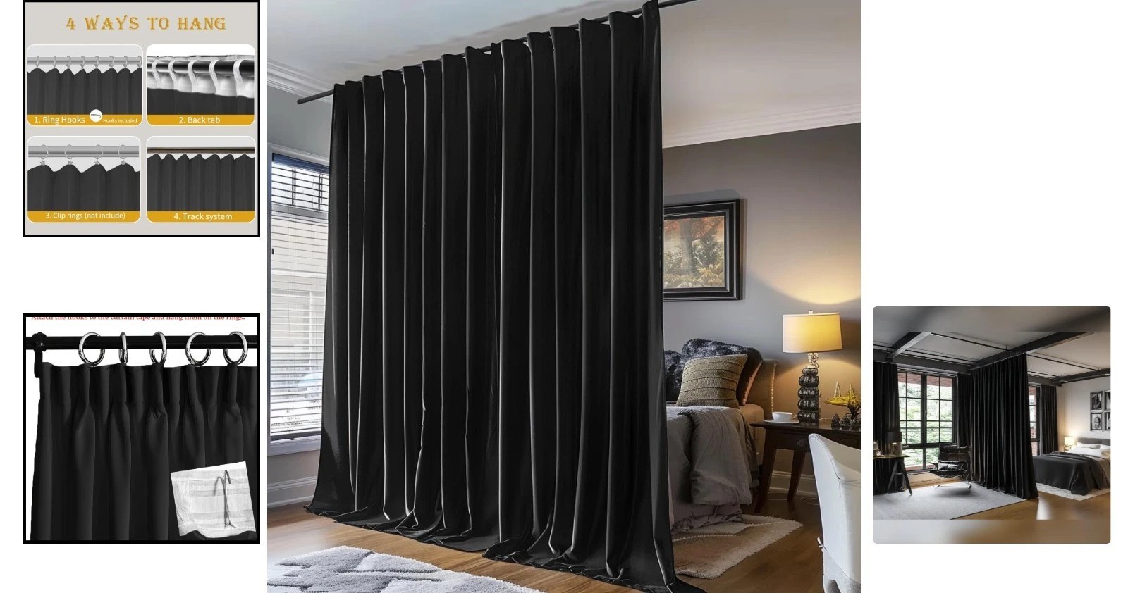 Stylish Black Ceiling Track Room Divider Curtains, Noise Reduction 100W x 84L