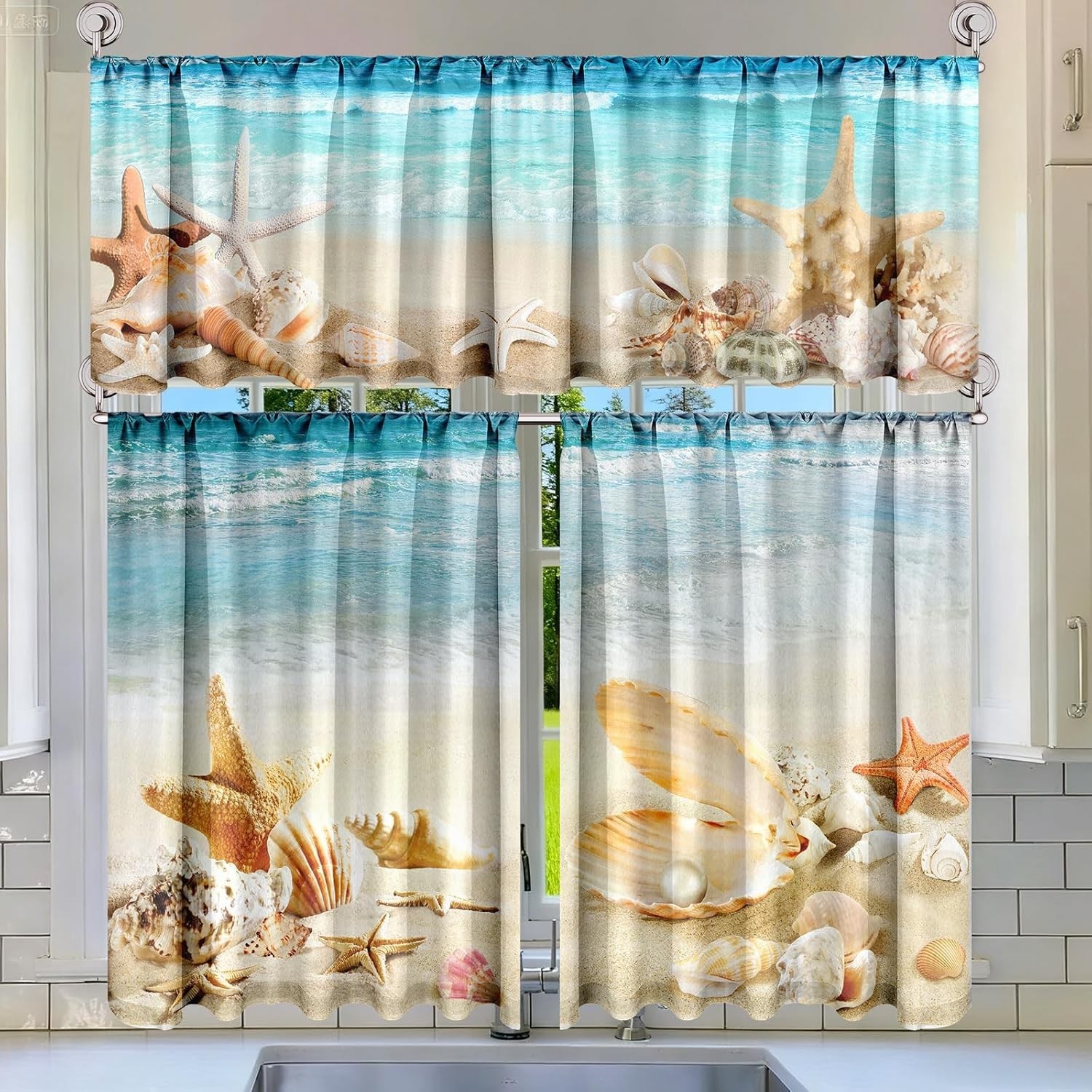 Beach Kitchen Curtains Set Coastal Starfish Shell Water Resistant Polyester