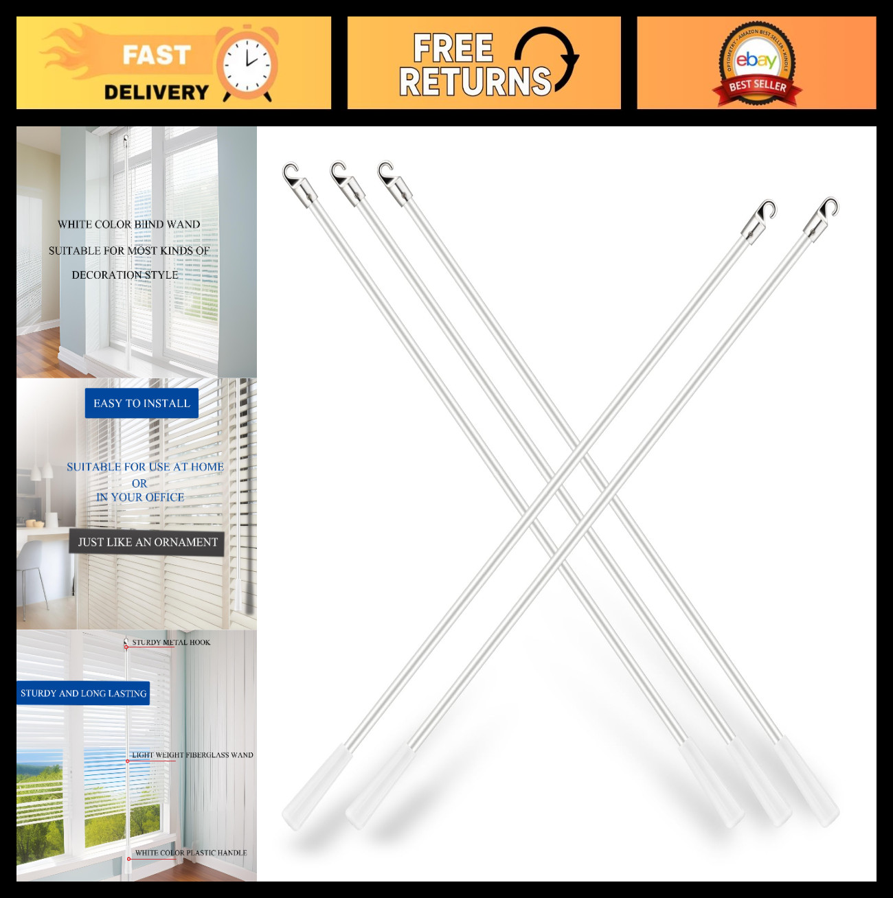 5pcs Curtain Pull Wand Fiberglass Blinds Replacement Parts – 60″ Vertical Tilt W