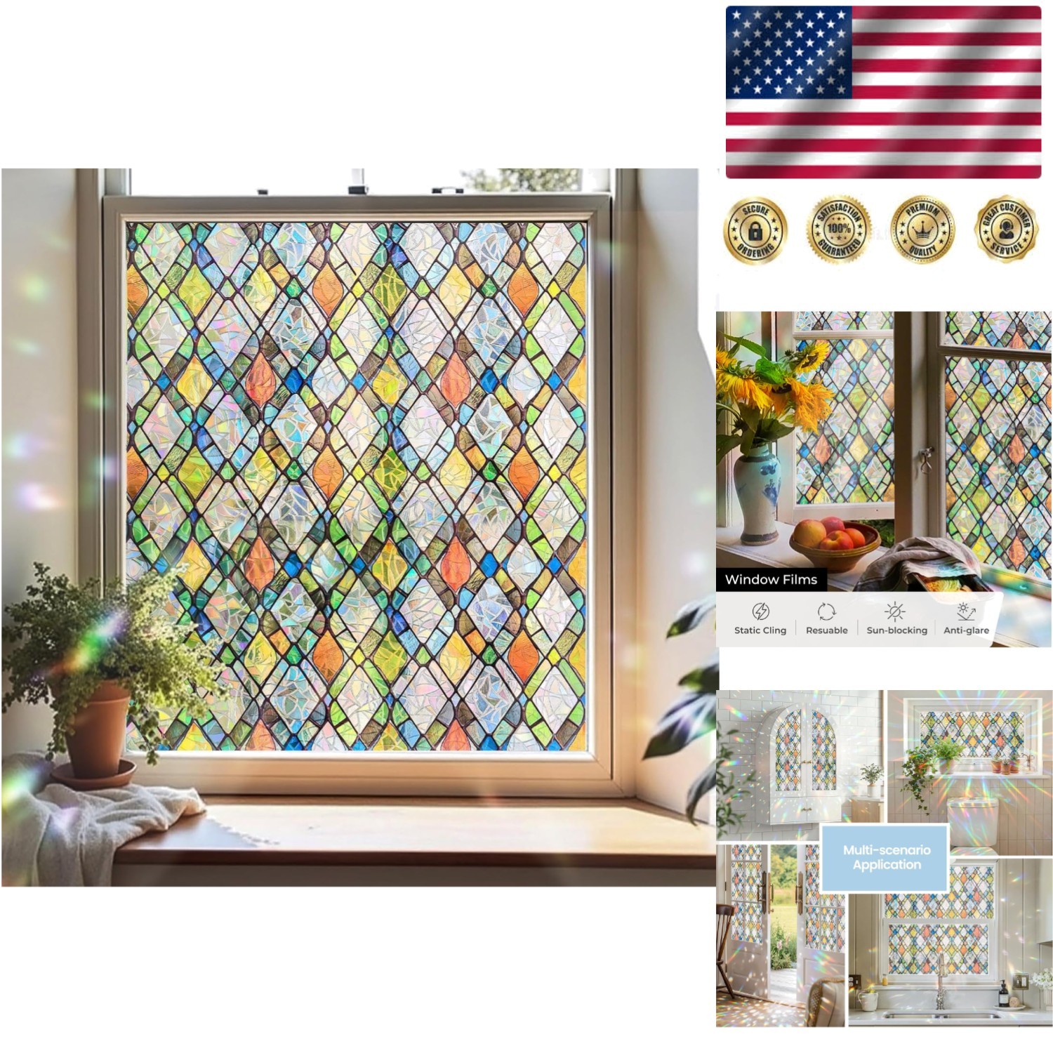Decorative Window Film with Rainbow Crystals – Removable UV Blocking 17.5×78.7in