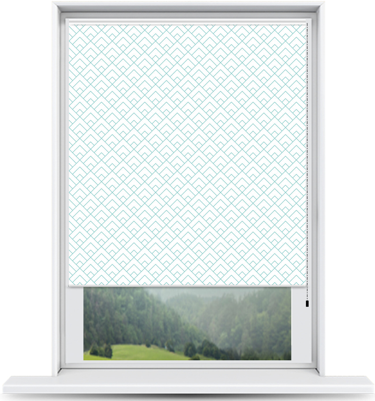 ArtToFrames Custom Window Shade – Blackout Peaks Modern White Aqua Design Revers