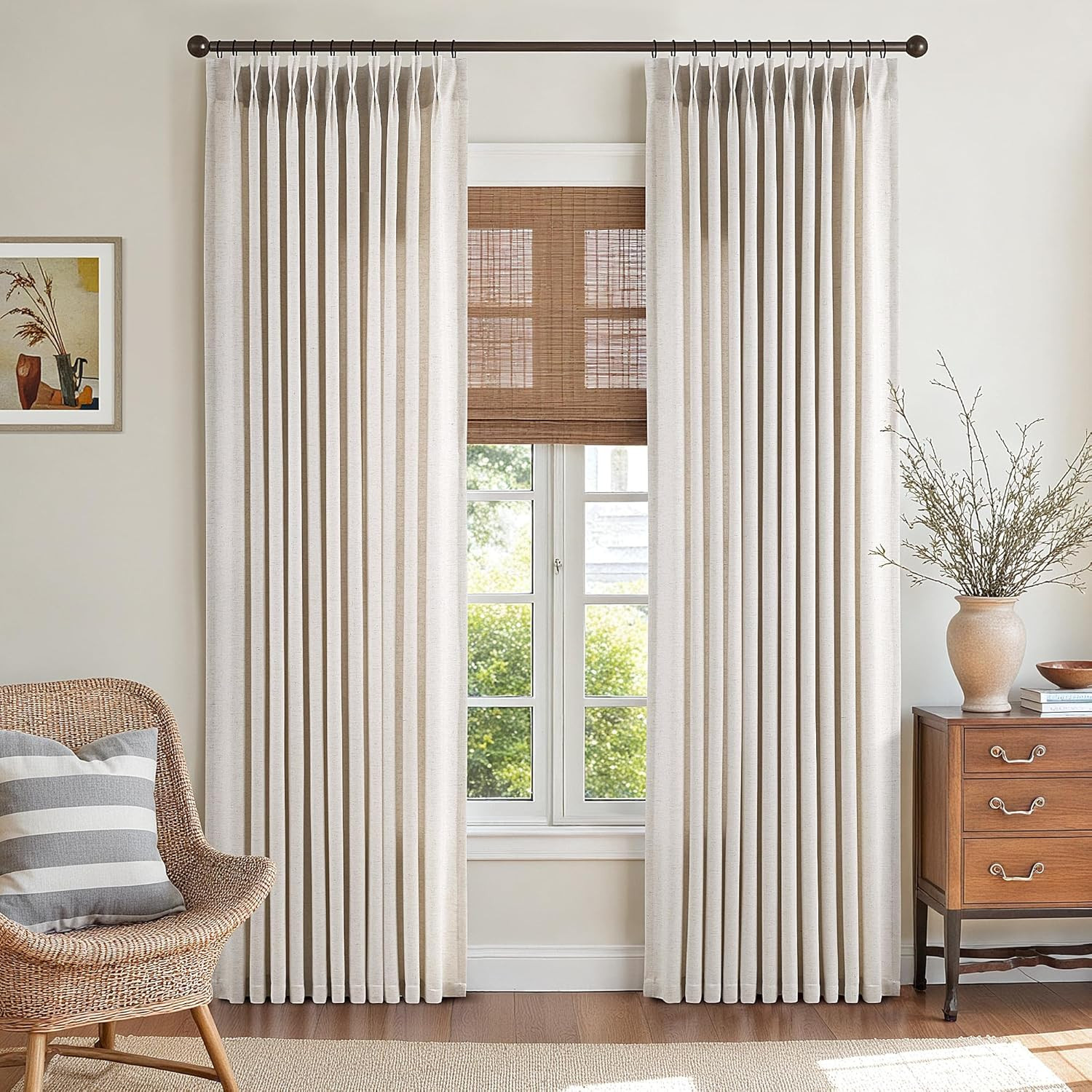 Luxury Beige Pinch Pleated Linen Curtains for Sliding Doors – 2 Panels Set