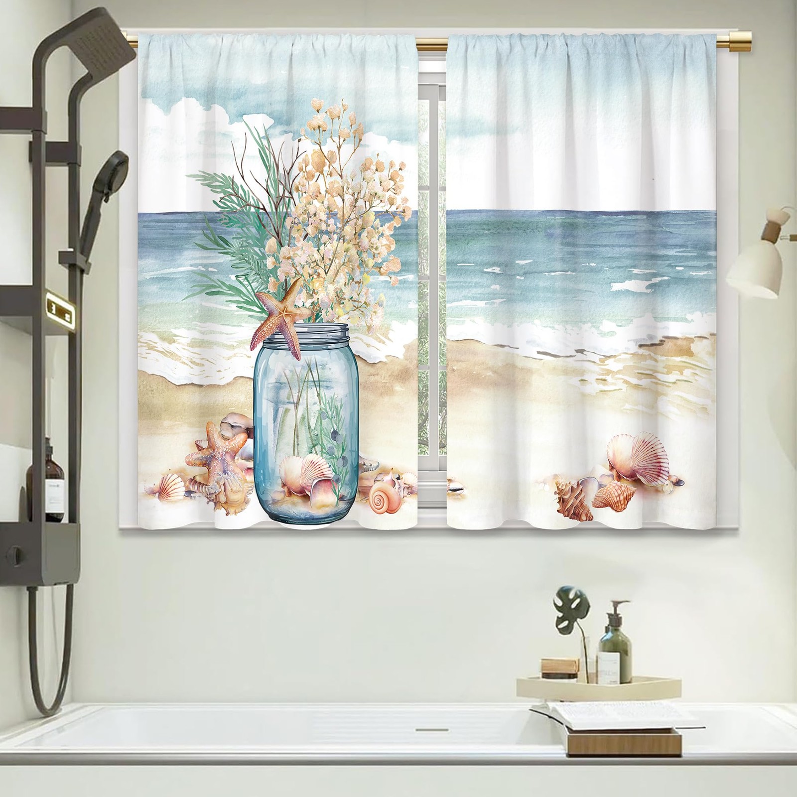 Cinekker Summer Coastal Kitchen Curtains – Starfish Blue Sea Bathroom Window …