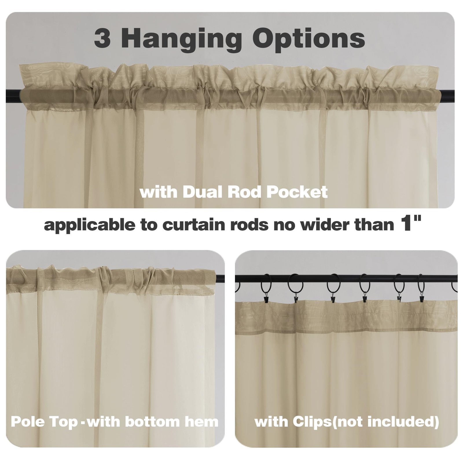 Sheer Valances for Windows 2 Pack, Small Window 42″W x 14″L (Pack of 2) Taupe