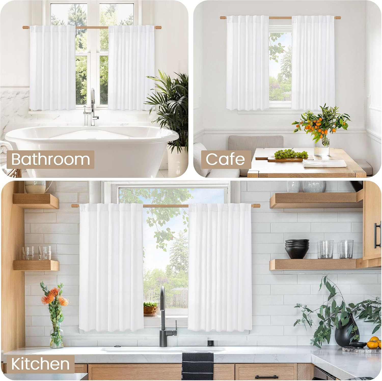 Bgment White Linen Kitchen Curtains 40 Inch Length for Short Windows, Semi Sheer