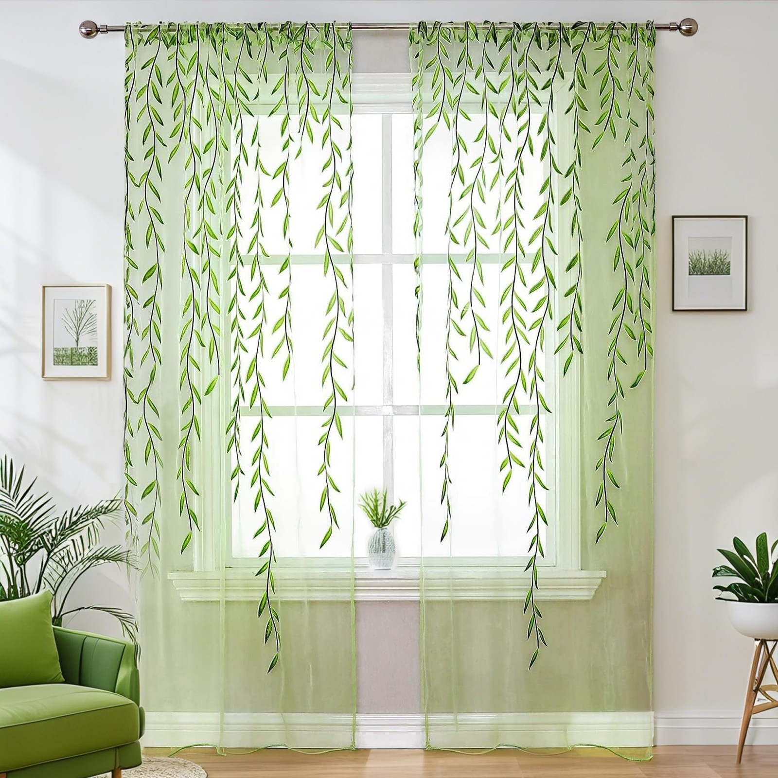 BROSHAN Green Leaf Pattern Sheer Voile Window Curtains for Kids Bedroom Living R