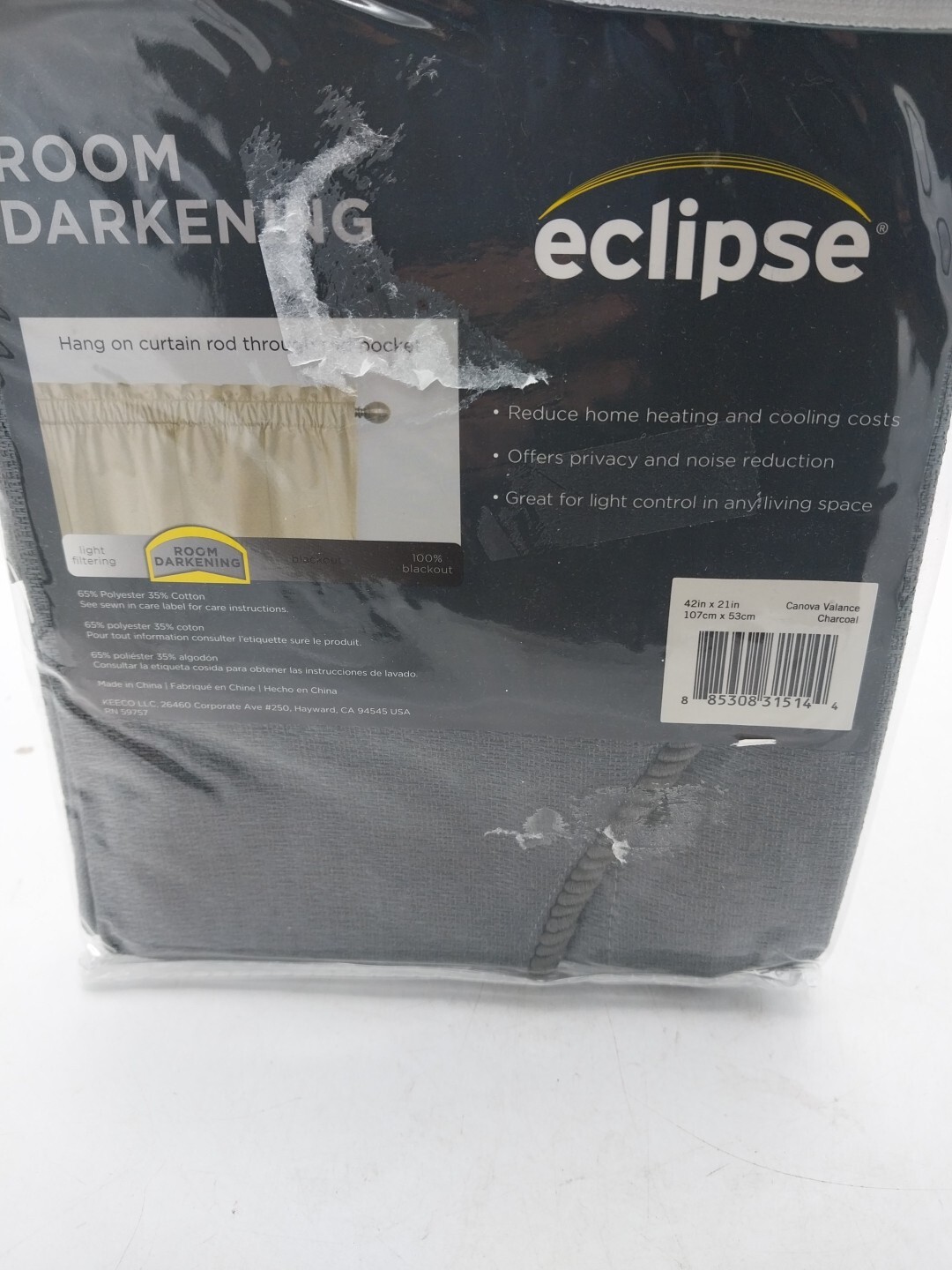 Eclipse One Rod Pocket Valance Canova Charcoal 42in x 21 in L