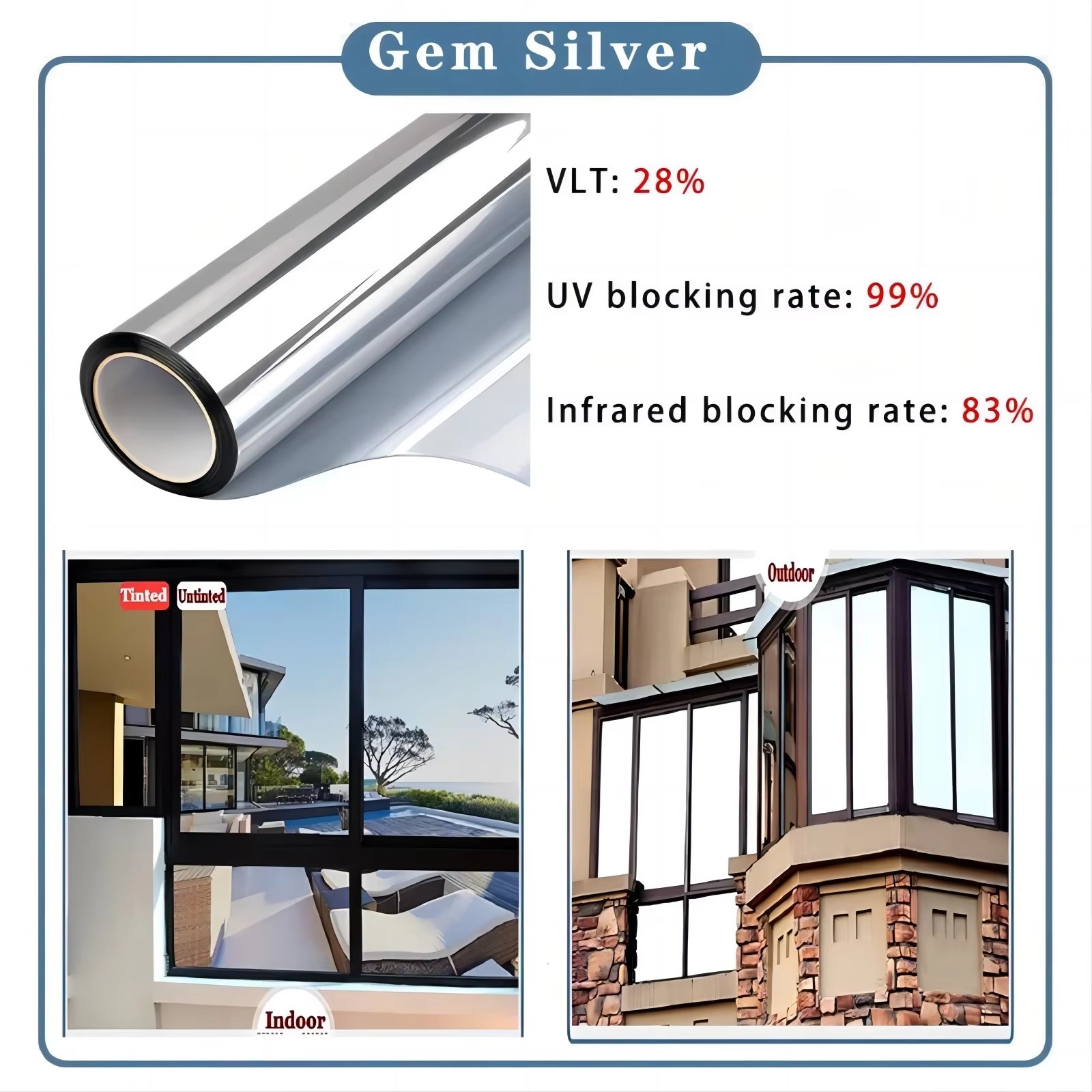 One Way Mirror Tint Window Film Privacy Protect UV Reflective Sun Block For Home