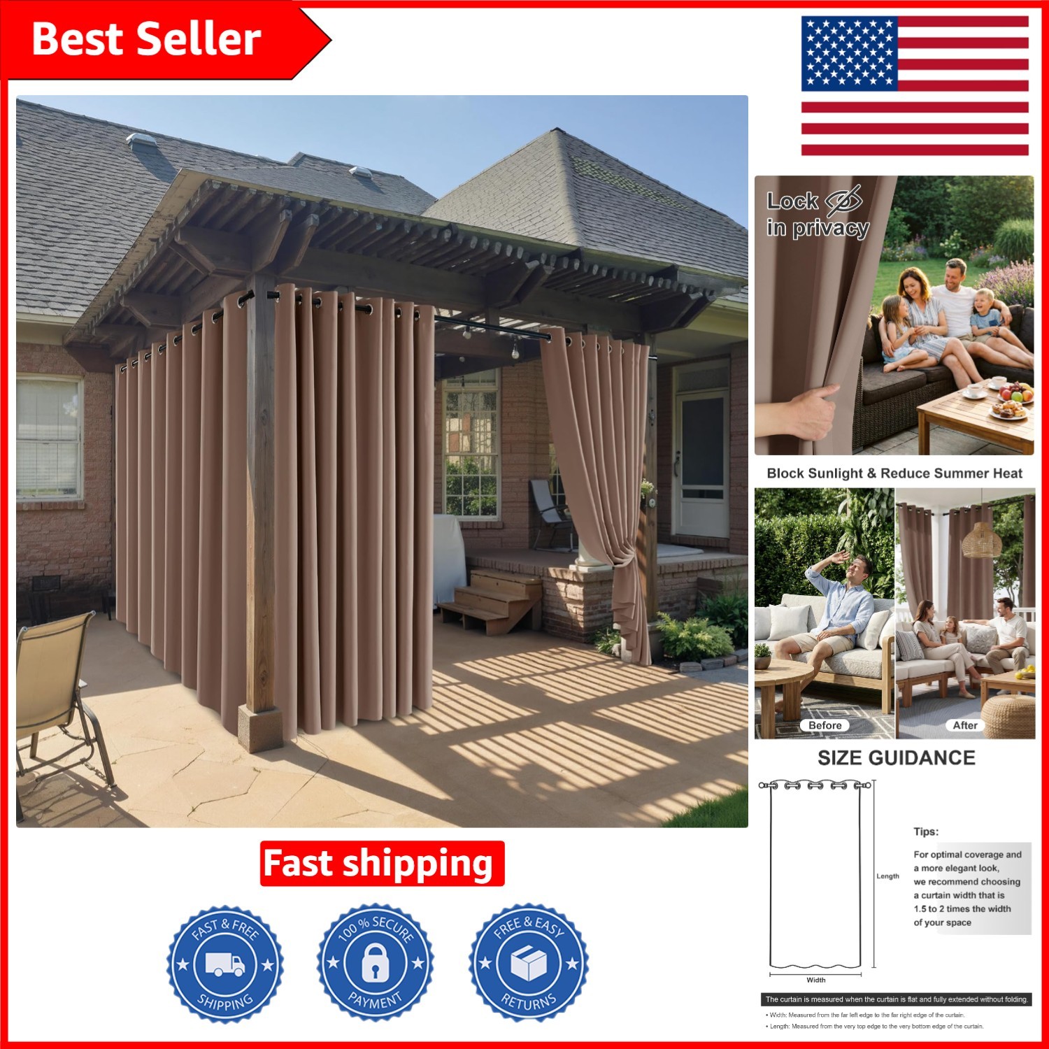 Mocha Patio Curtains – Waterproof & UV Block for Pergola, 52″ x 72″, 1 Panel