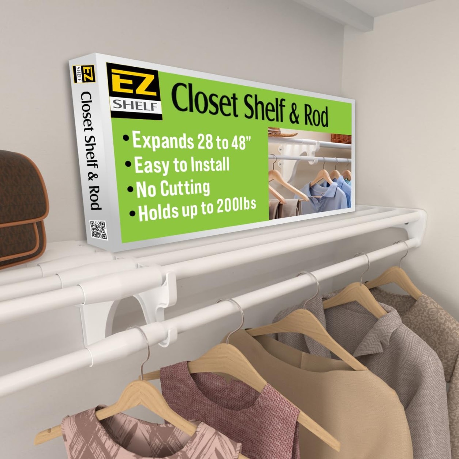 EZ SHELF Closet Shelf with Hanging Rod – 28-48” Expandable, White, Closet