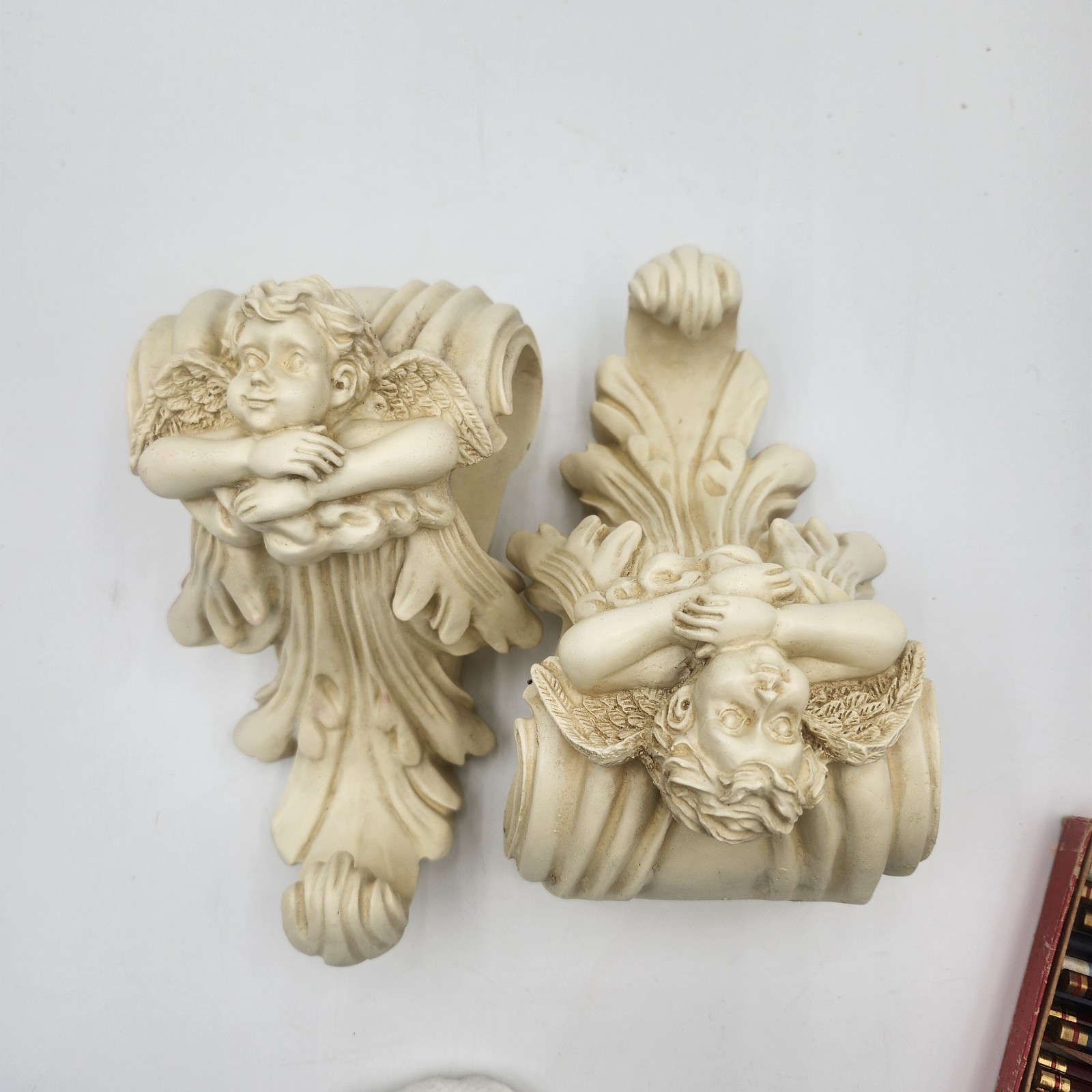 Pair Vintage Angel Cherub Drapery Curtain Rod Wall Sconce Corbel Swag Holders