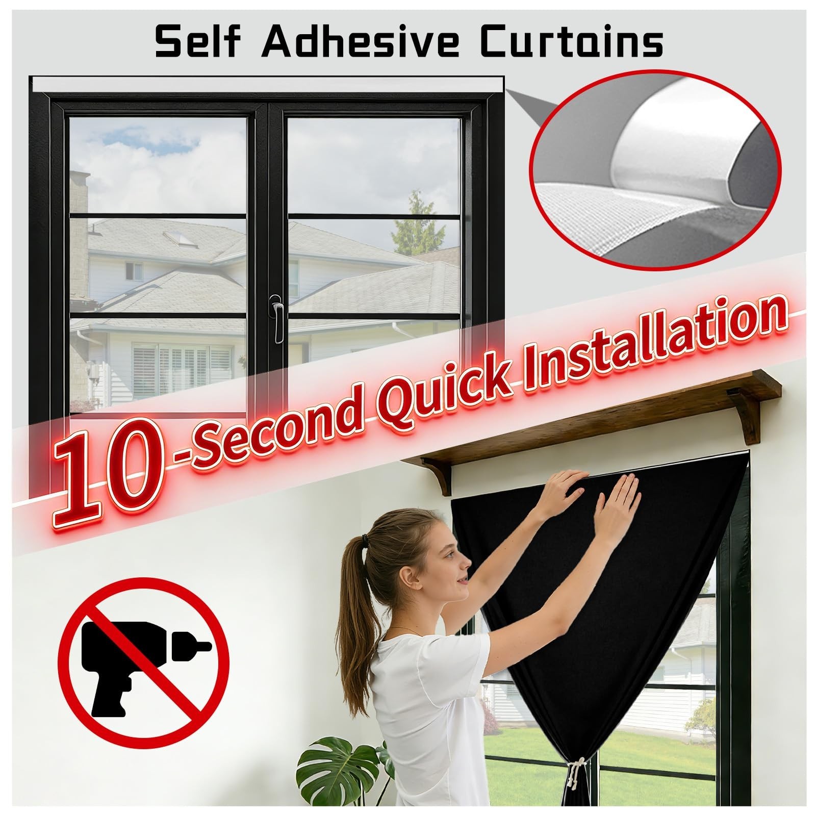 Self-Adhesive Blackout Curtain – Light Blocking Shade for Bedroom Living Room…