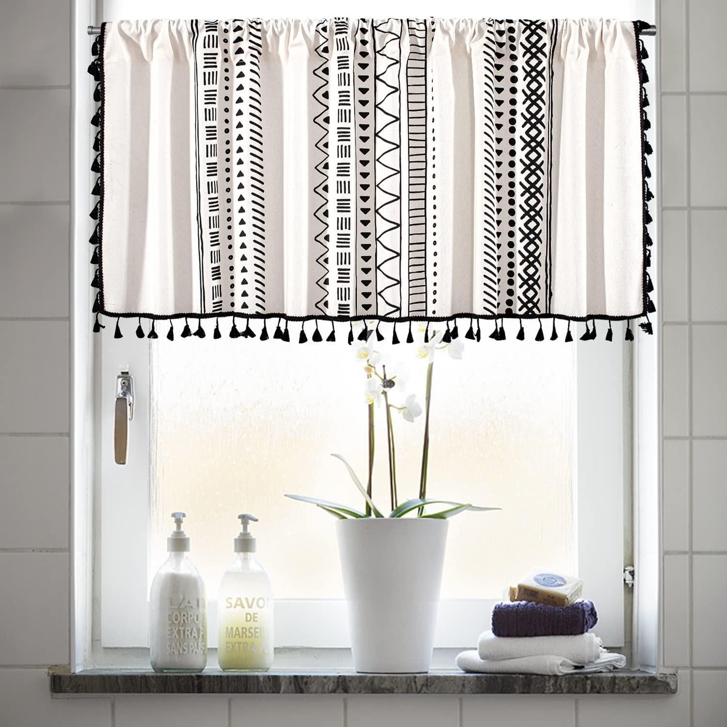 Cotton Linen Boho Curtains with Tassels Black and Ivory Striped Curtains Vala…