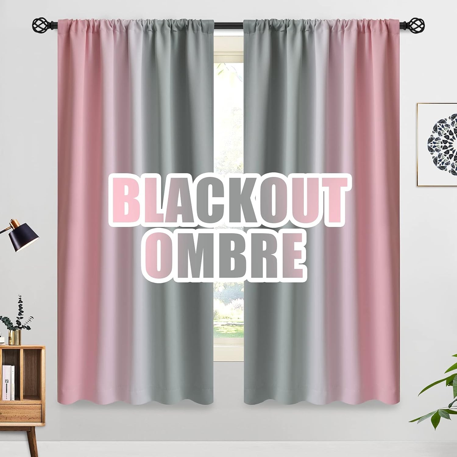 Ombre Room Darkening Pink and Grey Curtains 63 inches Length for Girls Bedroom,