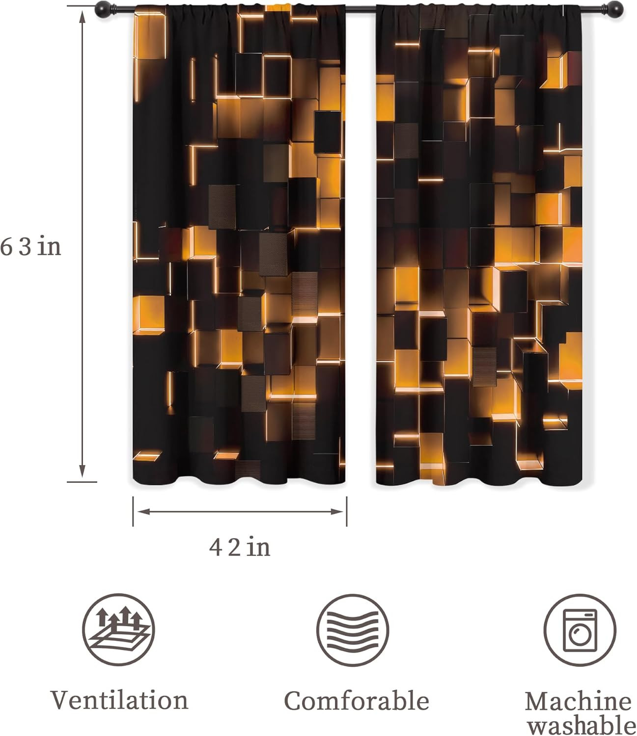 Black Burnt Orange Curtains Abstract 3D Brick Wall Cubes Geometric Cool Rod Poc