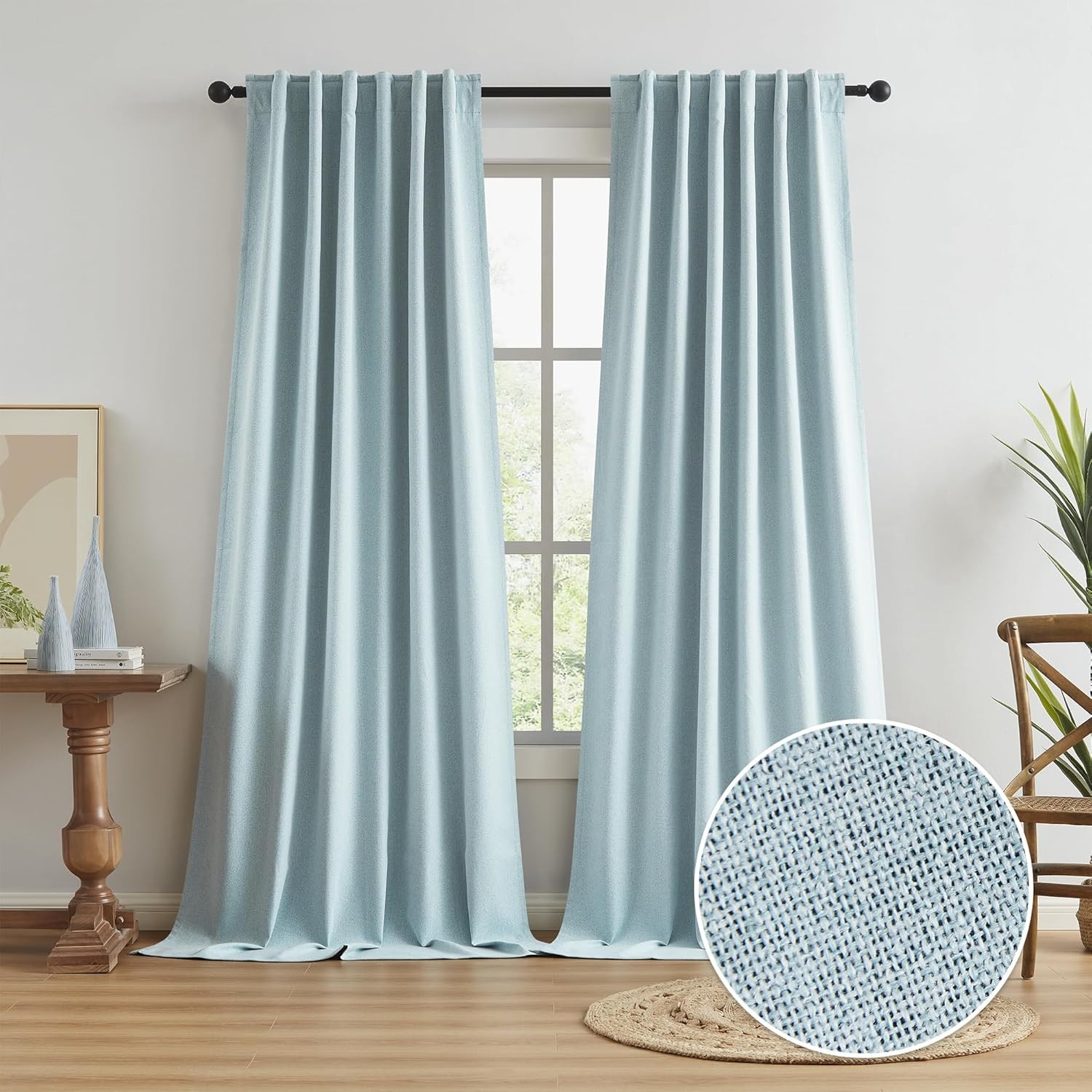 120″ Extra Long Blackout Curtains, Light Sky Blue, 2 Panels for Large Windows