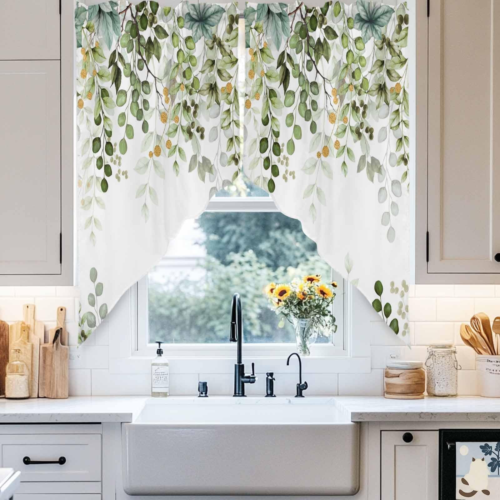 Sage Green Eucalyptus Swag Valance, Botanical Plants Rod Pocket Kitchen Valan…