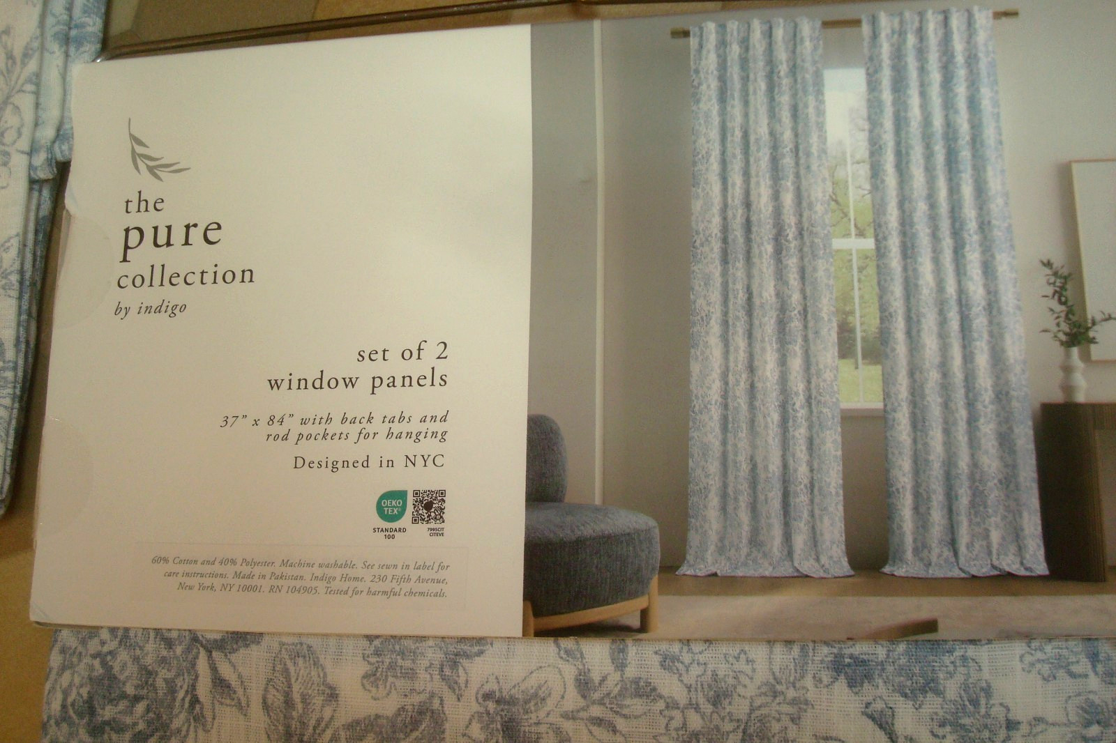 NWT Indigo Pure Collection 2 pc Window Curtain Panels Roses Toile Blue 84″ lg