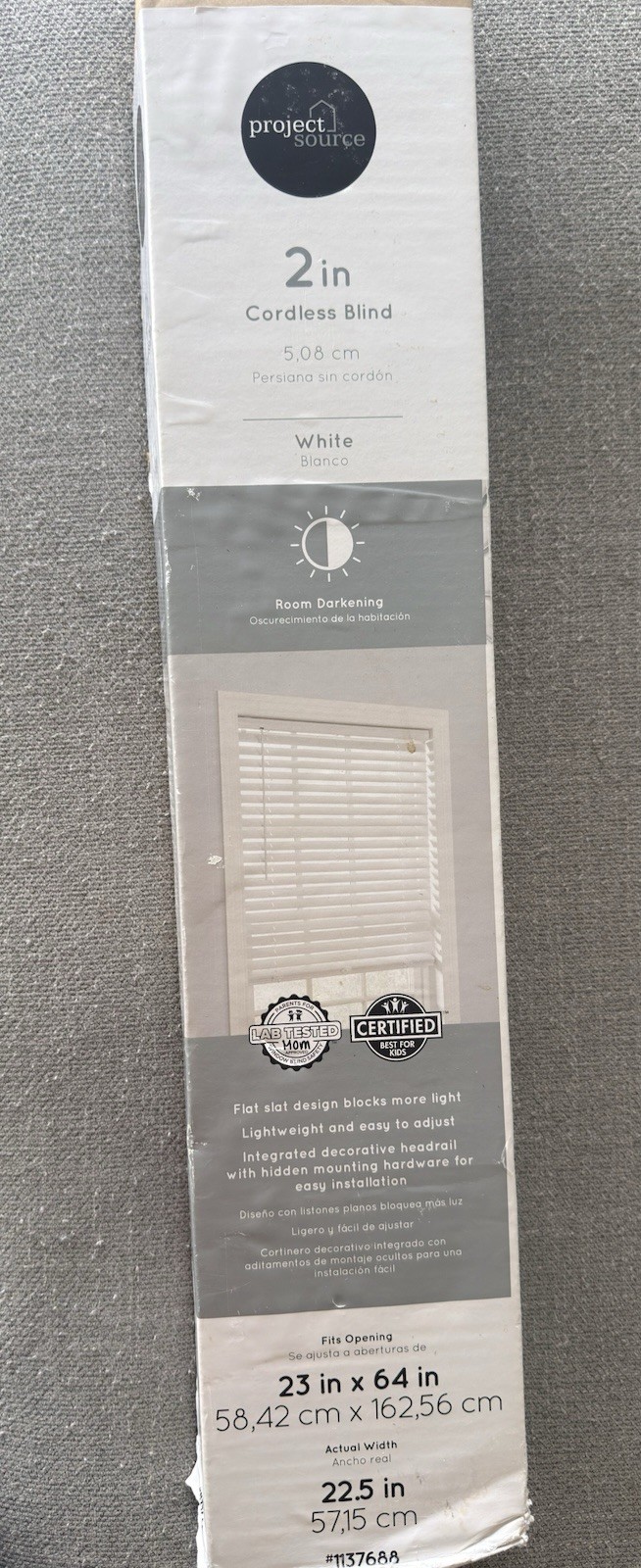 Project Source 2 in Cordless Room Darkening Blind White 23 in x 64 in