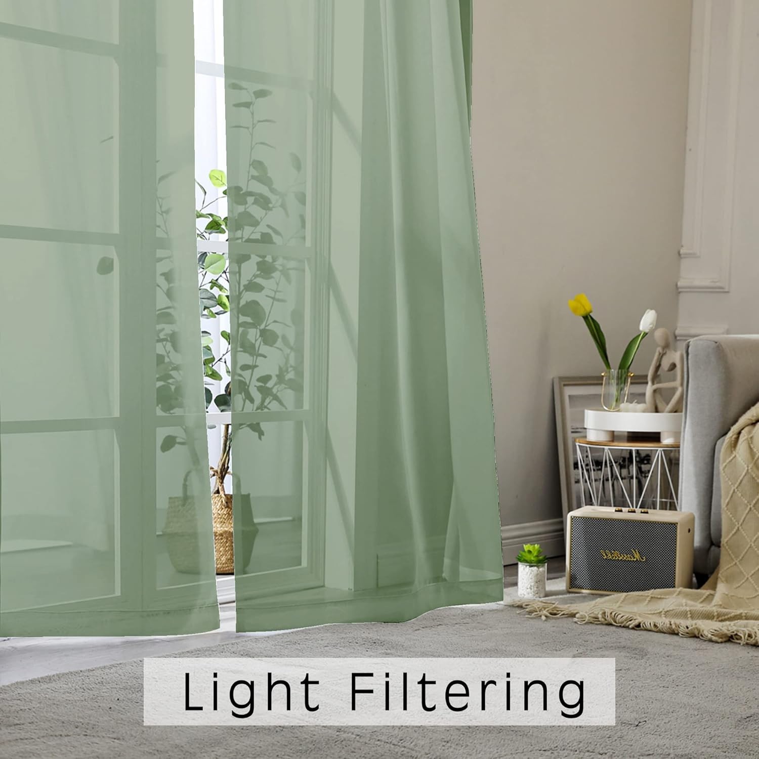 Sage Sheer Kitchen Valance for Windows Set 42″W x 14″L (Pack of 2) Sage Green