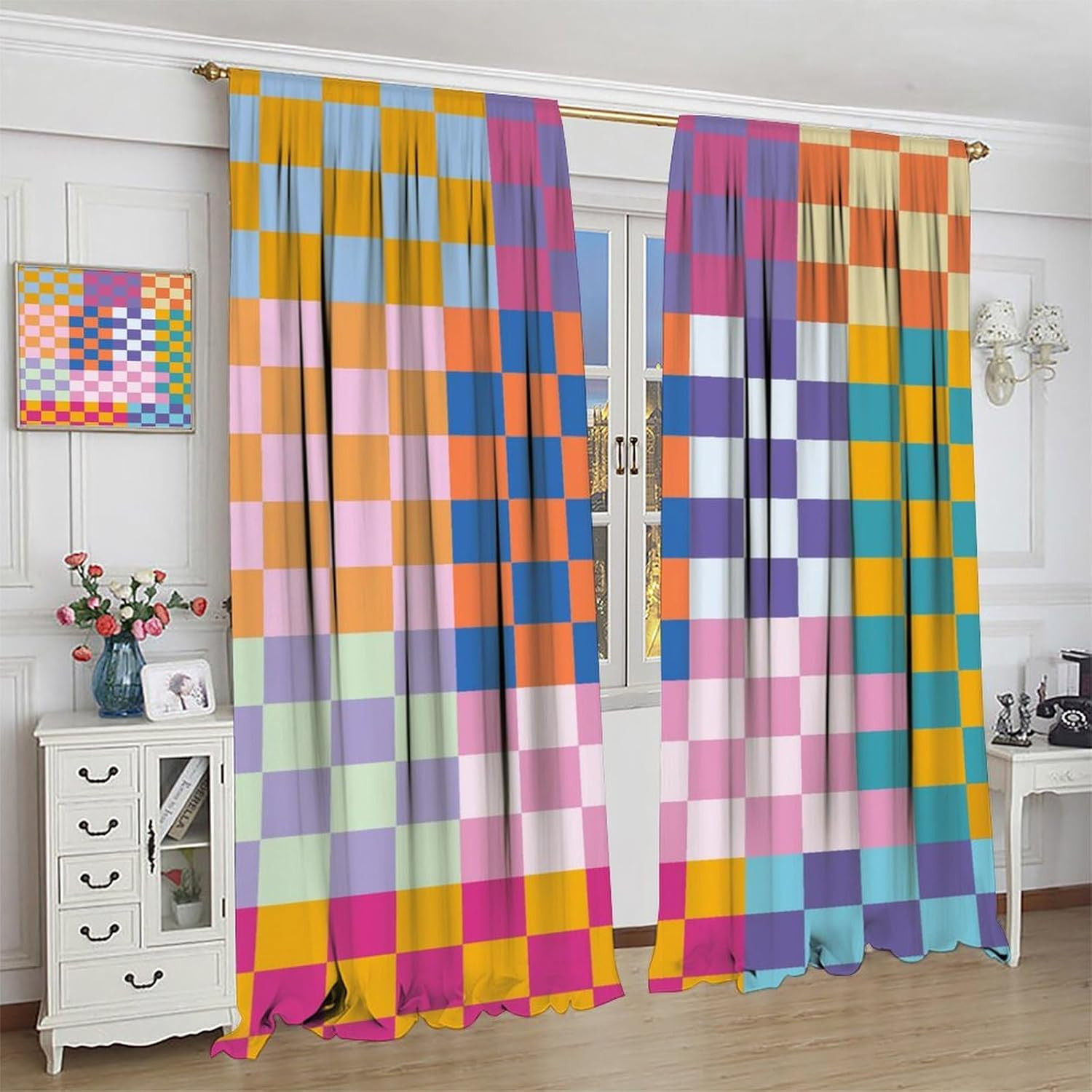 Colorful Curtains, Abstract Modern Rainbow Retro Groovy Curtain 1970S Checkered