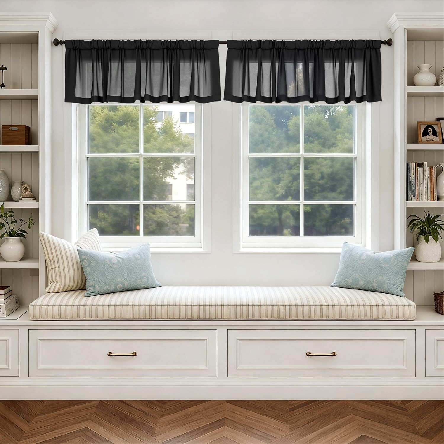 Black Window Valance Set, 4 Panels, Light Filtering, Small Windows Treatment,