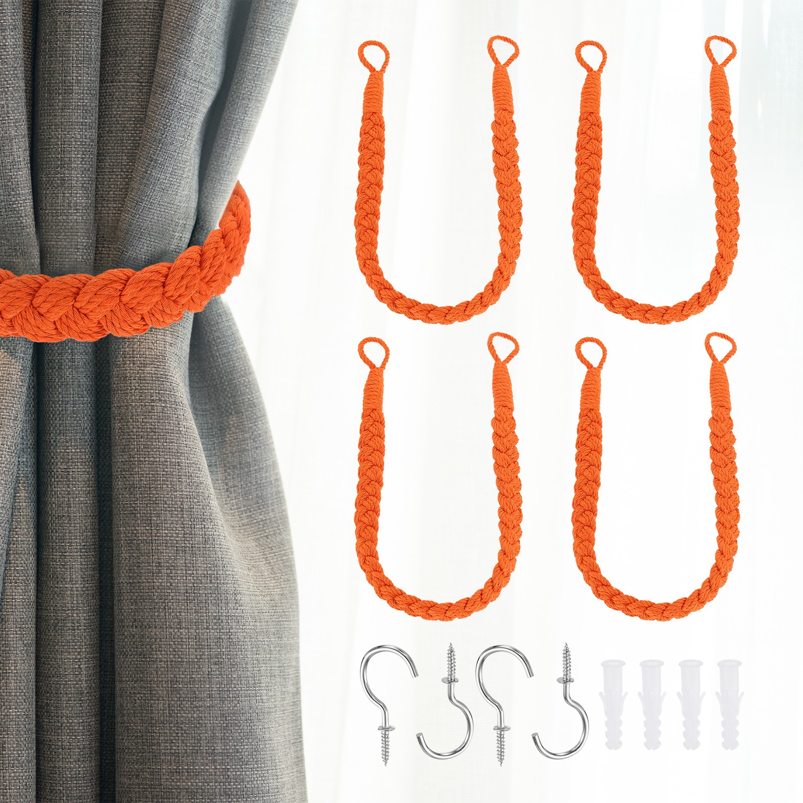 4Pcs Rope Curtain Tiebacks, 23.6″ Hand-Woven Curtain Holdback, Orange
