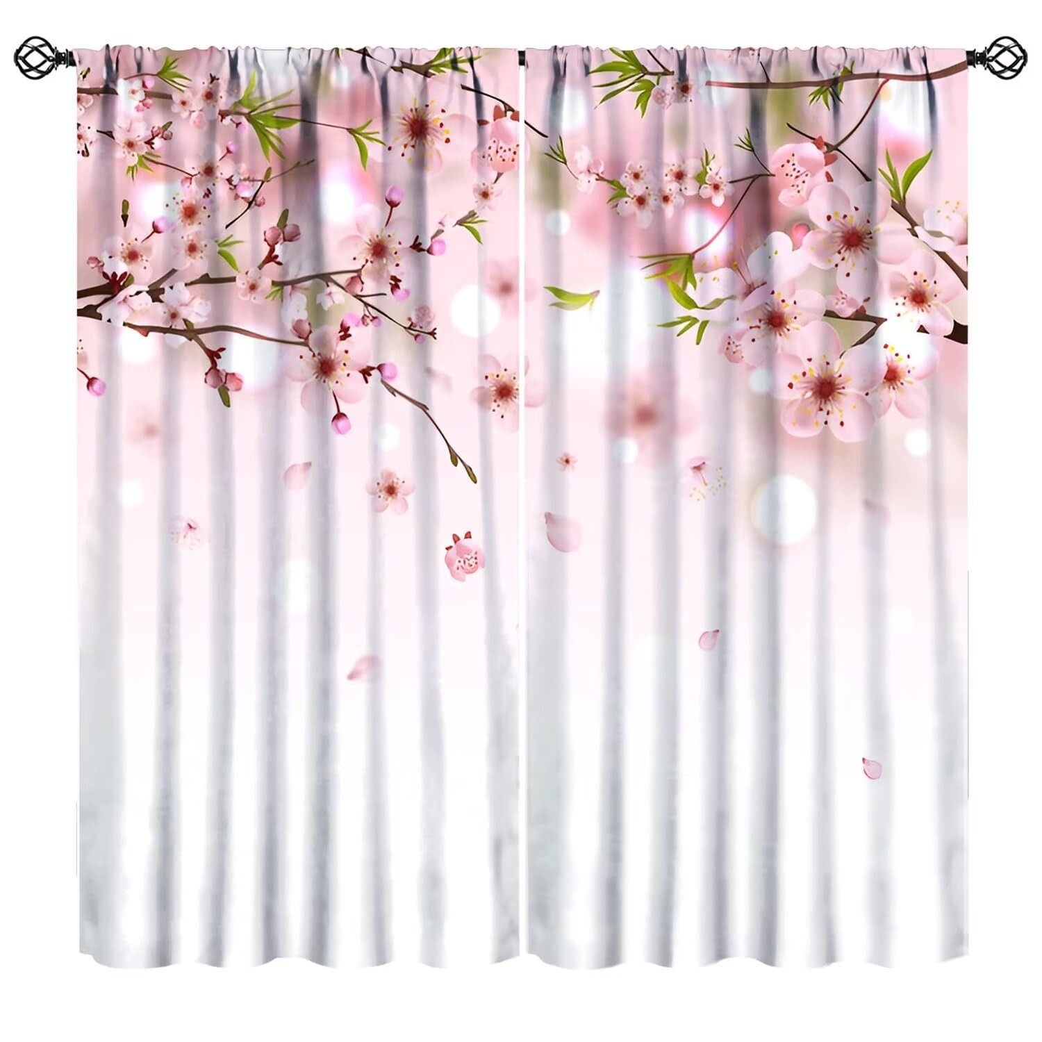 Pink Floral Curtains for Kitchen, Rustic Country Japanese Cherry Blossom Bota…