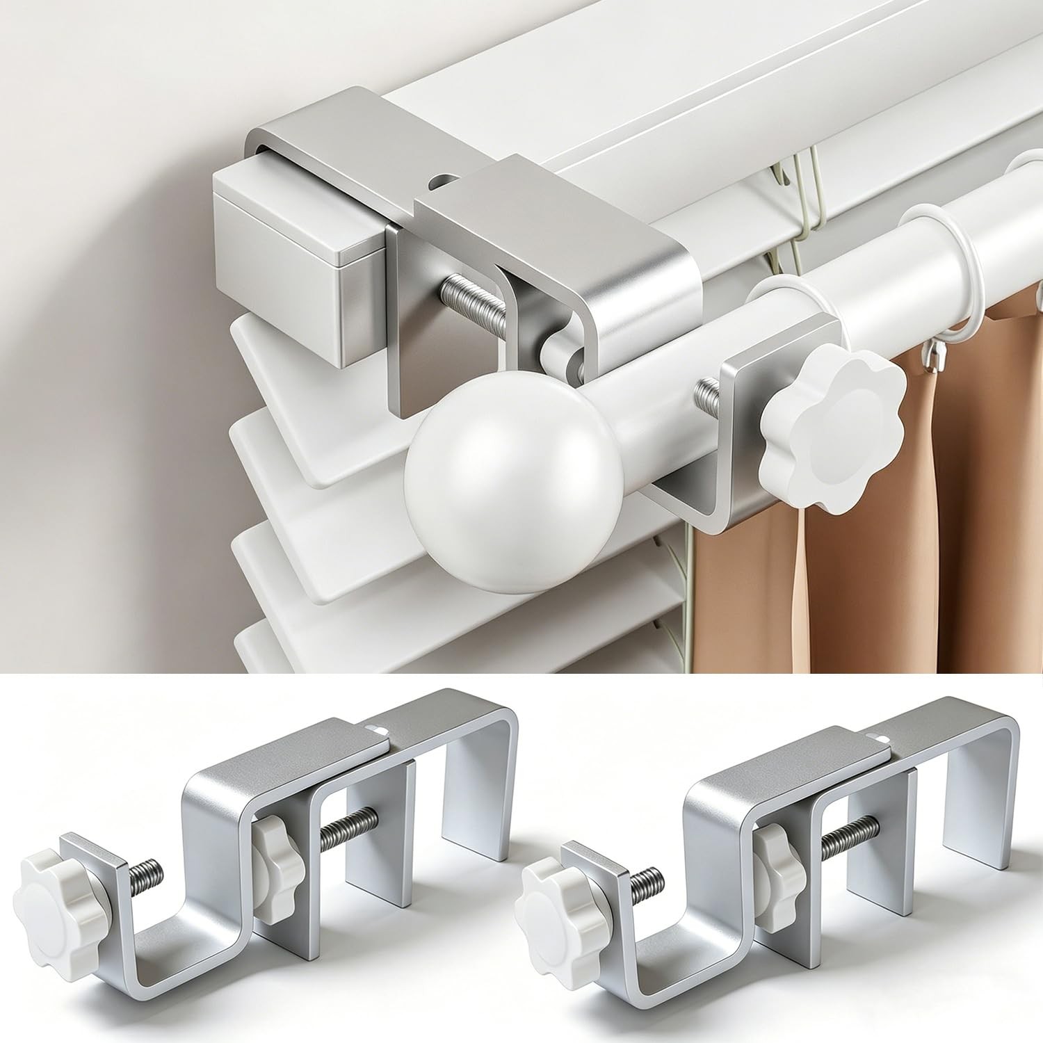 2 Pcs Silver No Drill Curtain Rod Brackets Outside Mount