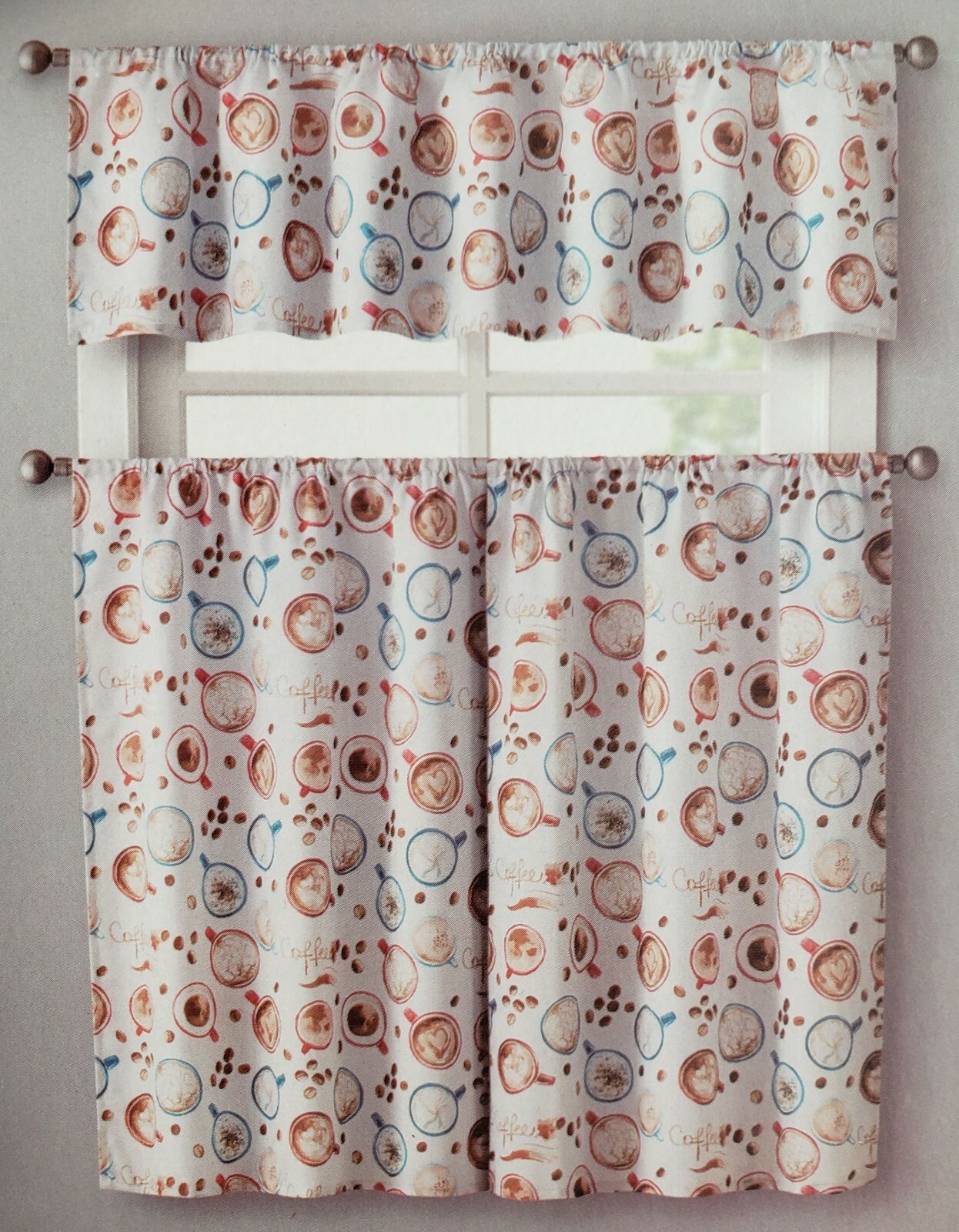 3 pc. Curtains Set: Valance (56″x14″) & 2 Tiers (28″x36″) COFFEE CUPS & BEANS,VC