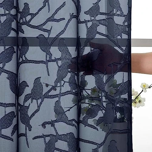Anji Bird Navy Blue Sheer Curtains 45 Inches Long 2 Panels Set for Small