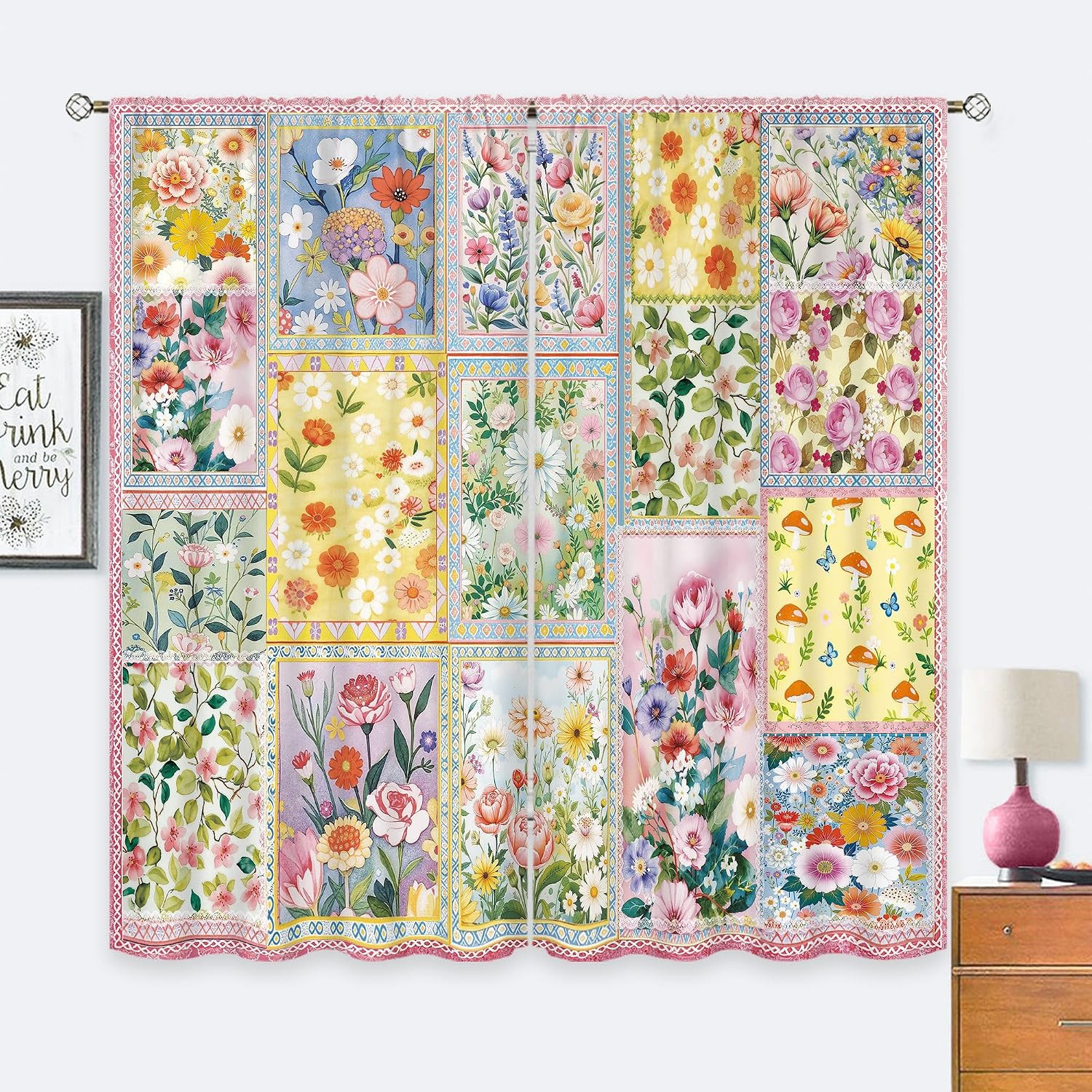 Pink Floral Patchwork Curtains 42Wx63H Inch Rod Pocket Vintage Country Bohemian