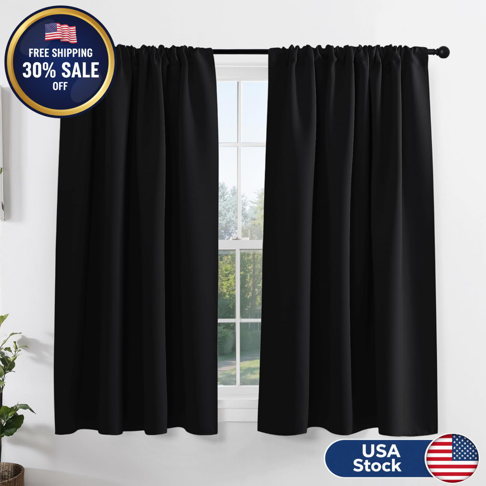 Kitchen Over Sink Blackout Curtains 2 Panels 42×45 Thermal Rod Pocket Black Set*