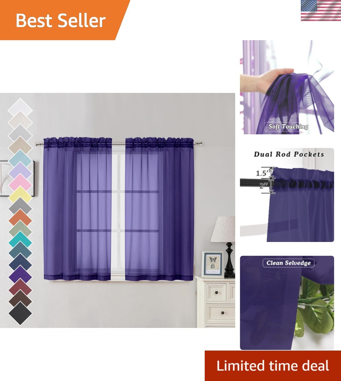 Elegant Purple Sheer Curtains 42×45 Inches – 2 Panels, Light Filtering Draperies