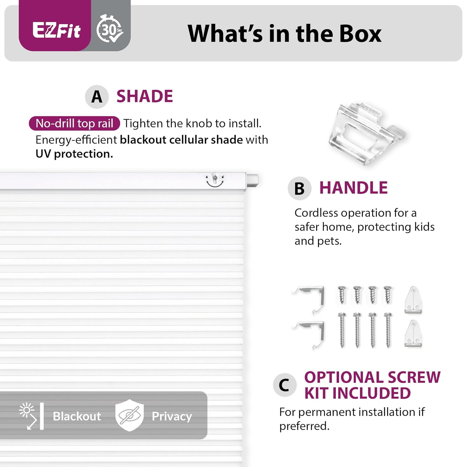 EZ Fit No Tools Cordless Blackout Cellular Shade 21.5″ W x 48″ H – White