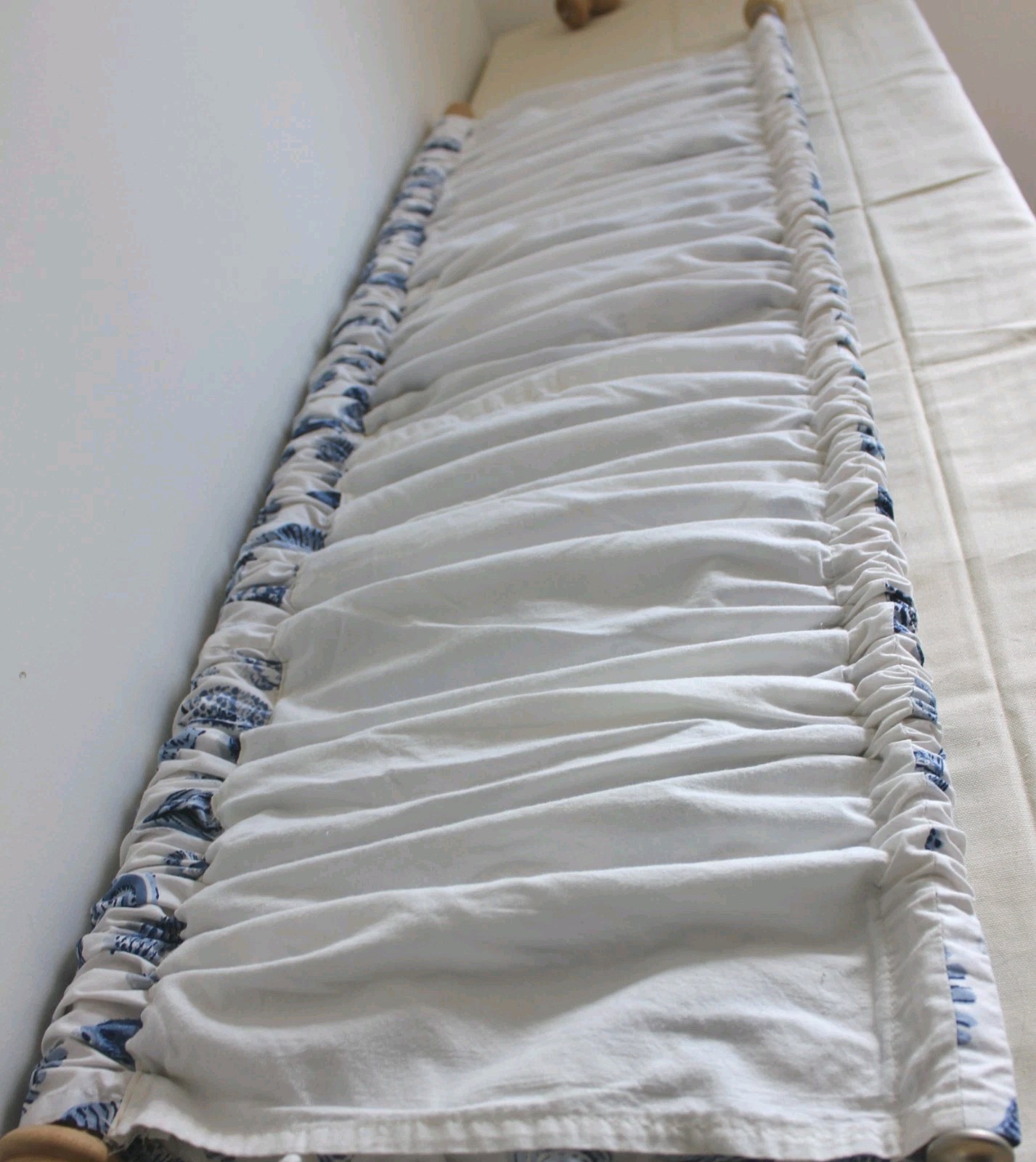 Custom Curtains Blue White Seashell Toile Vtg 3-Pc Drapery Set Beachcomber