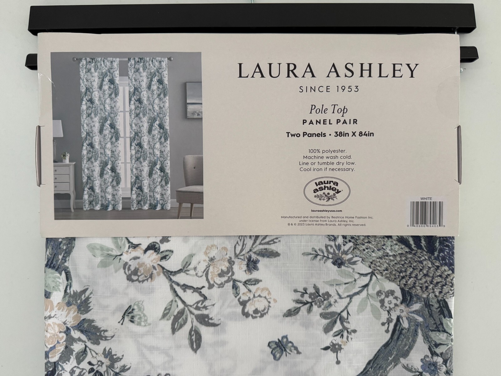 NIP Laura Ashley Window Curtains 2 Panels 38 x 84 Peacock Green Gray Pole Top