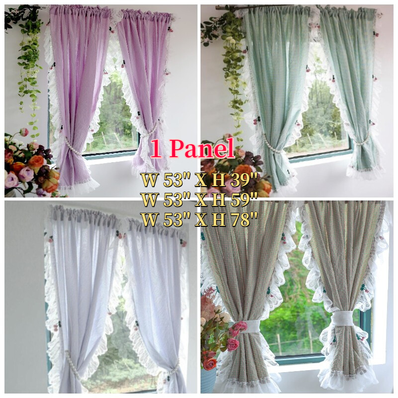 1 Panel Lace Checked Curtains Balcony Short Curtain Rod Pocket Light Filtering