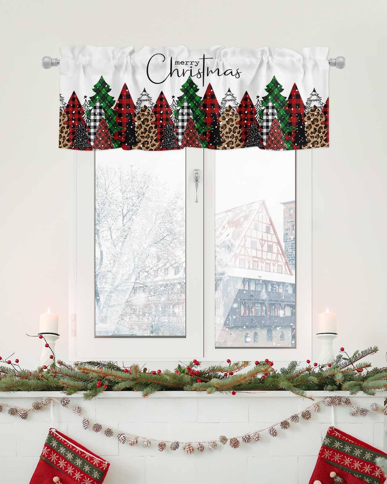 Cortinas navideñas con cenefa para decorar ventanas de cocina, 137 x 45 cm