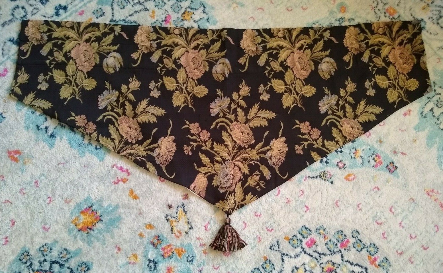 Waverly Foley Lane Floral Ascot Tassel Valance Curtain Black Peach Blue 50″ W