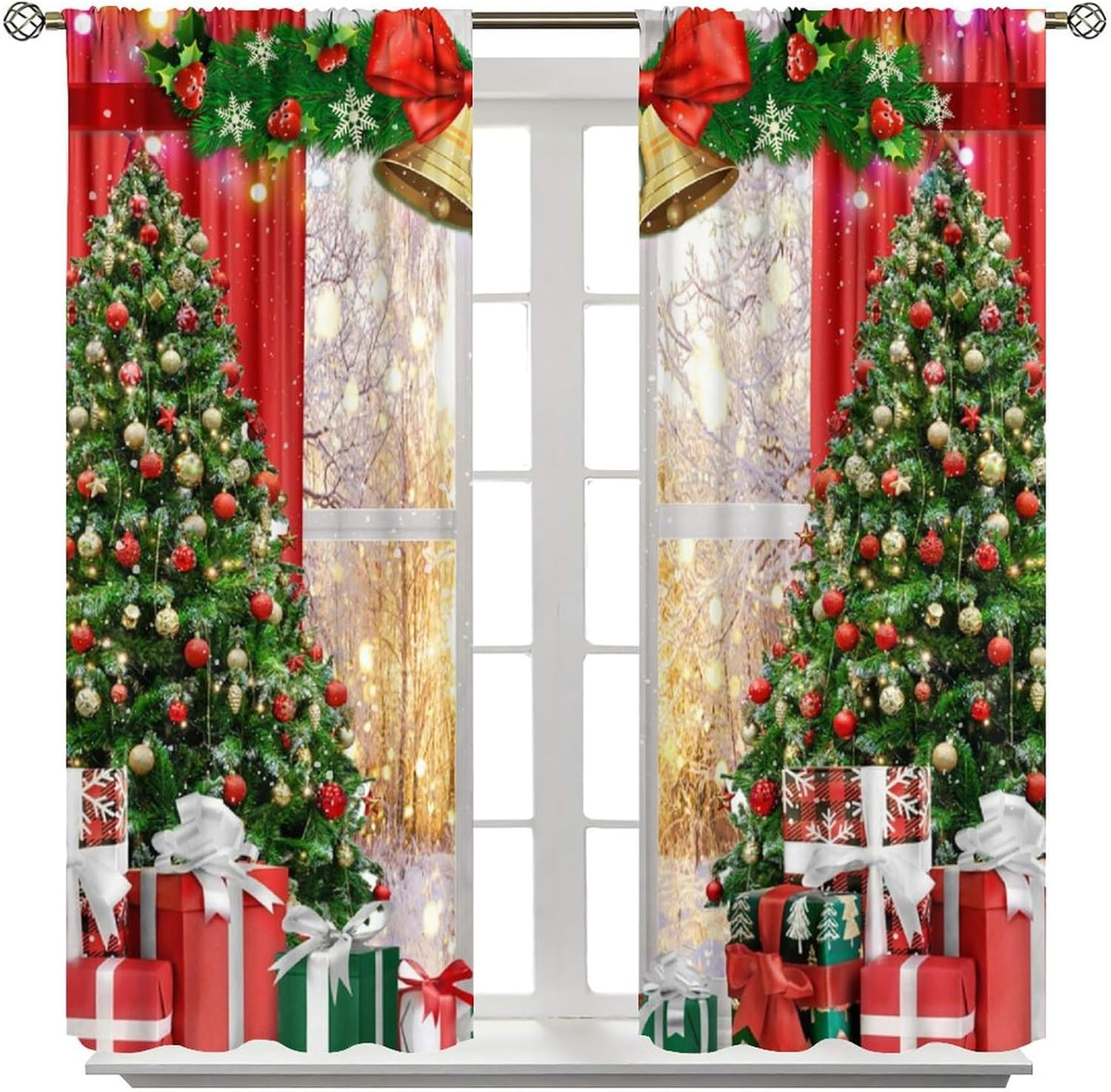 Festive Christmas Window Curtains with Snowy Tree & Bell Design, 84×84 Inch
