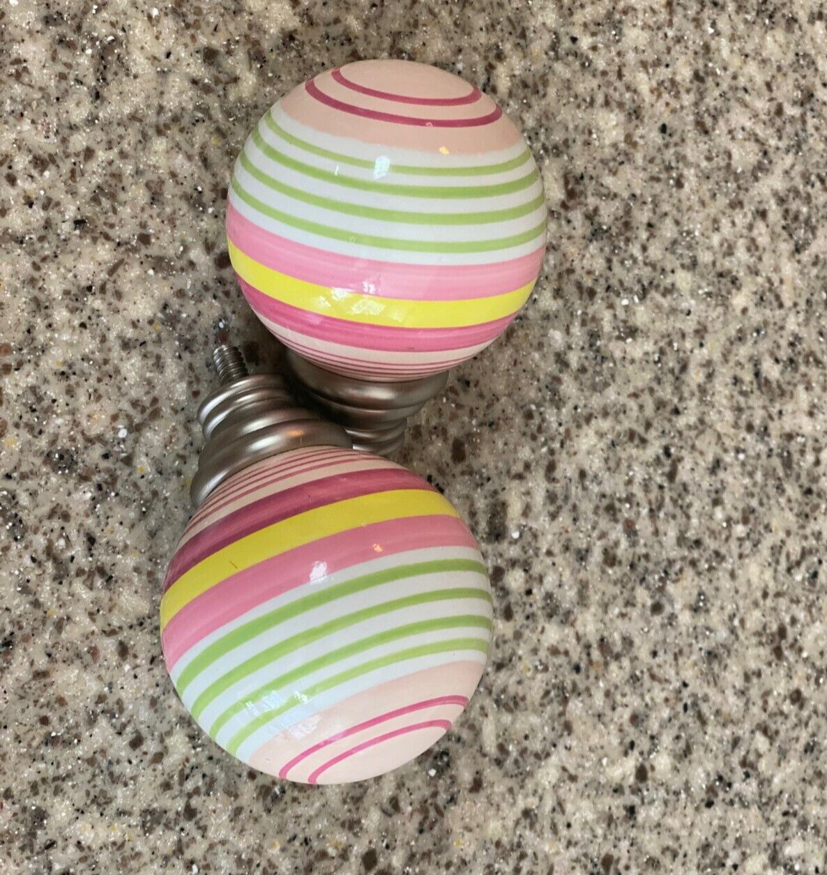 Pottery Barn~Curtain Rod Finials~Set of Two~Pink-Green-Yellow~Striped~Ceramic
