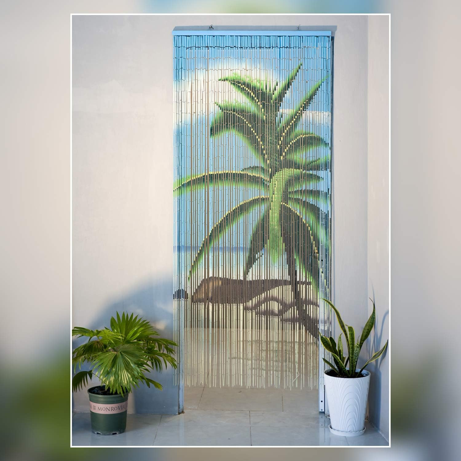 Tropical Palm Tree Bamboo Beaded Curtain for Doorway, 35.5×78 Inches
