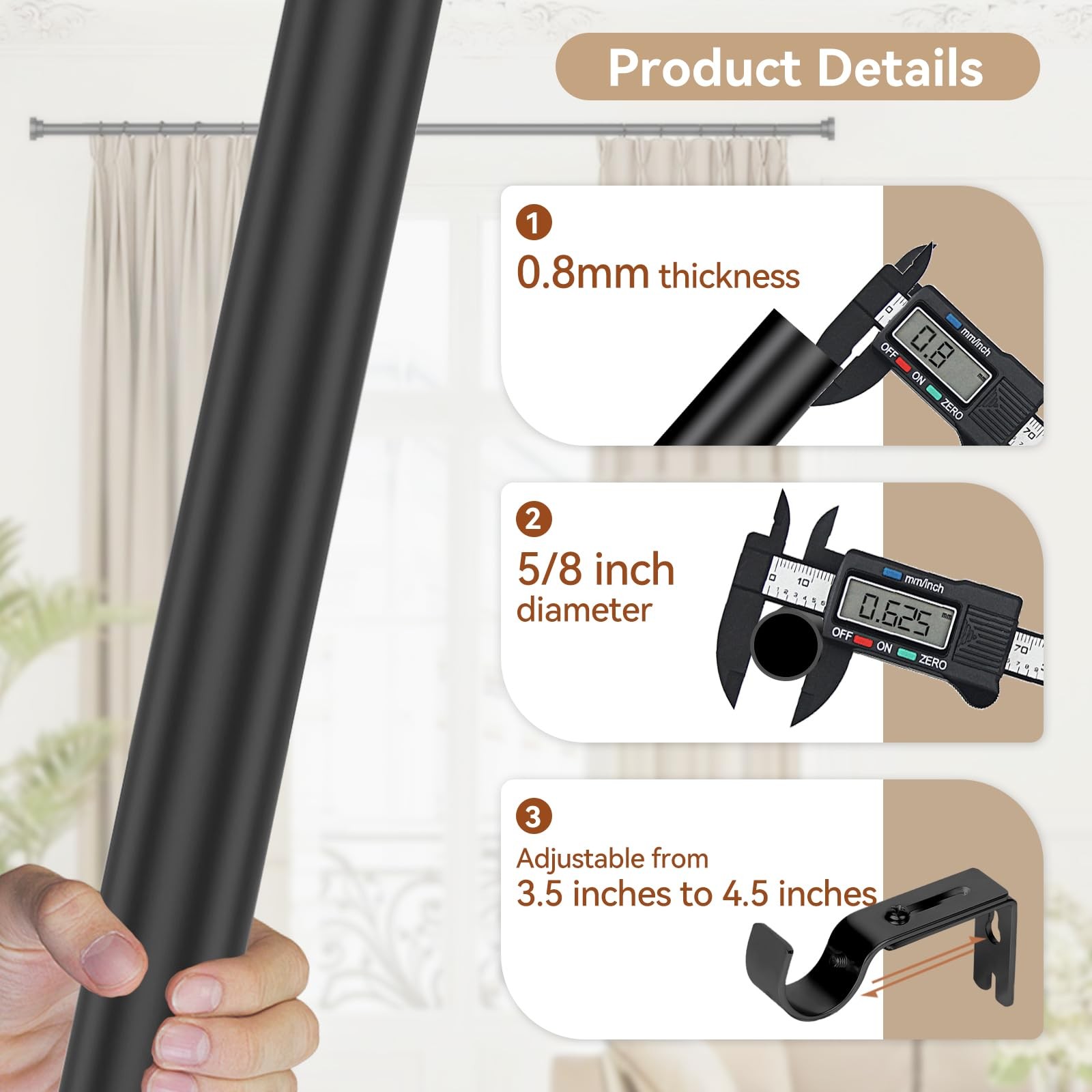 Black Curtain Rods for Windows 28 to 48 Inch(2.3-4ft), 2 Pack 5/8 Inch Diamet…